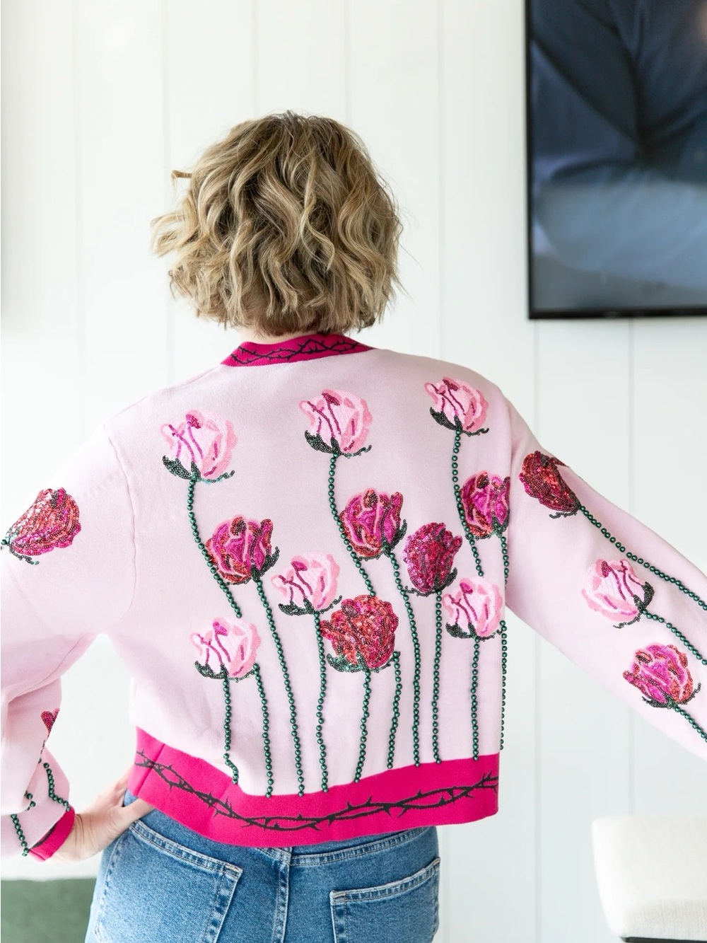 QUEEN OF SPARKLES Long Stem Roses Pink Floral Button Cardigan - Picture 6 of 12